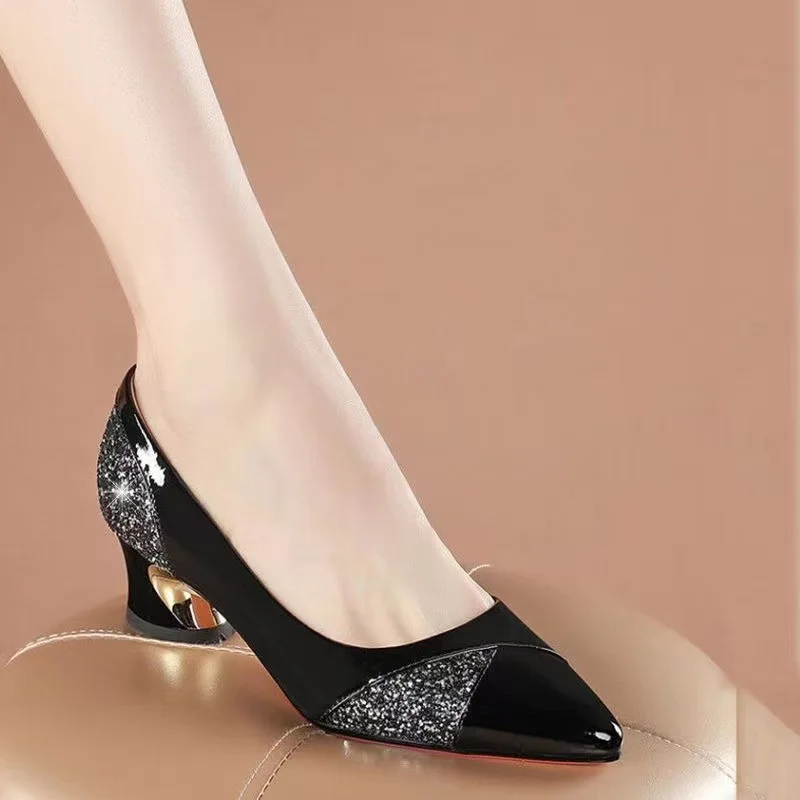 Comemore Women Pumps Pearls Patent Leather Med Heels Chic and Elegant Dress Shoes Crystal Pointed Toe Ladies Shoe Plus Size 41