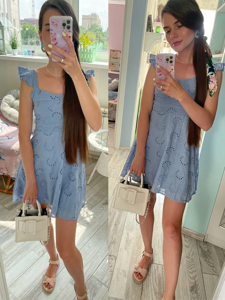 New Women Beach Short Dress Summer Sleeveless Fashion Hollow Out A Line White Dresses Woman Ruffles Strap Dress Vestidos