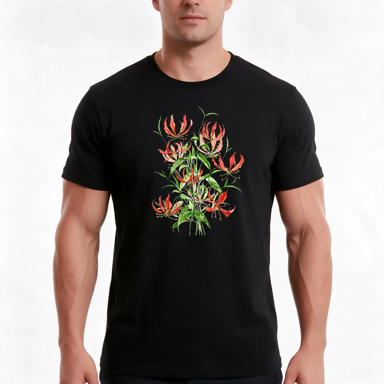 orange red climbing lily watercolor painting T-Shirt, Summer Casual Cotton Tee, Oversized Streetwear Tops, Vintage Graphic Print