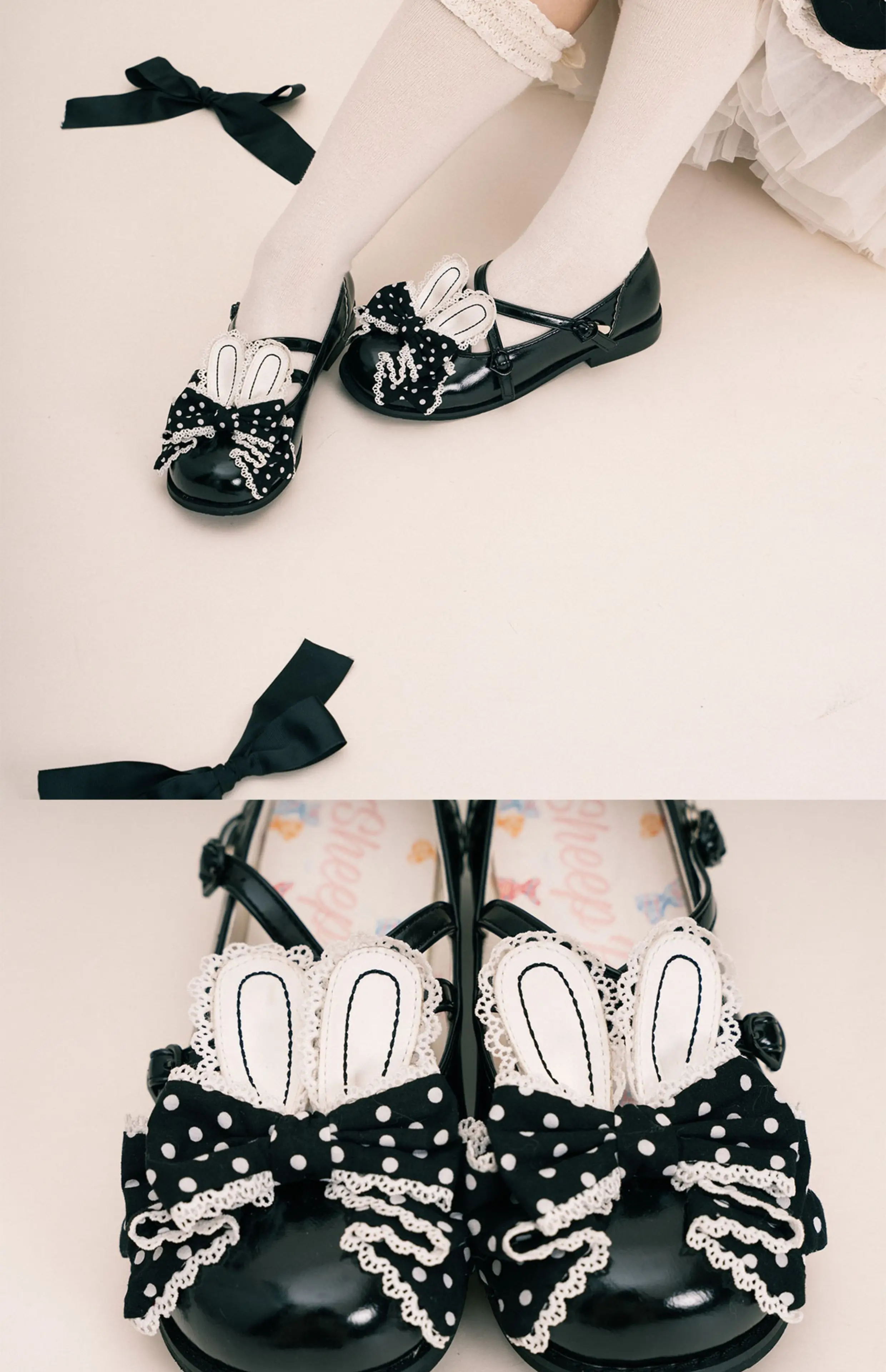 Zapatos rosas con lazo en la oreja de conejo y lunares, zapatos de cuero de tacón bajo, punta redonda, tacón plano, zapatos de cuero pequeños para primavera y otoño