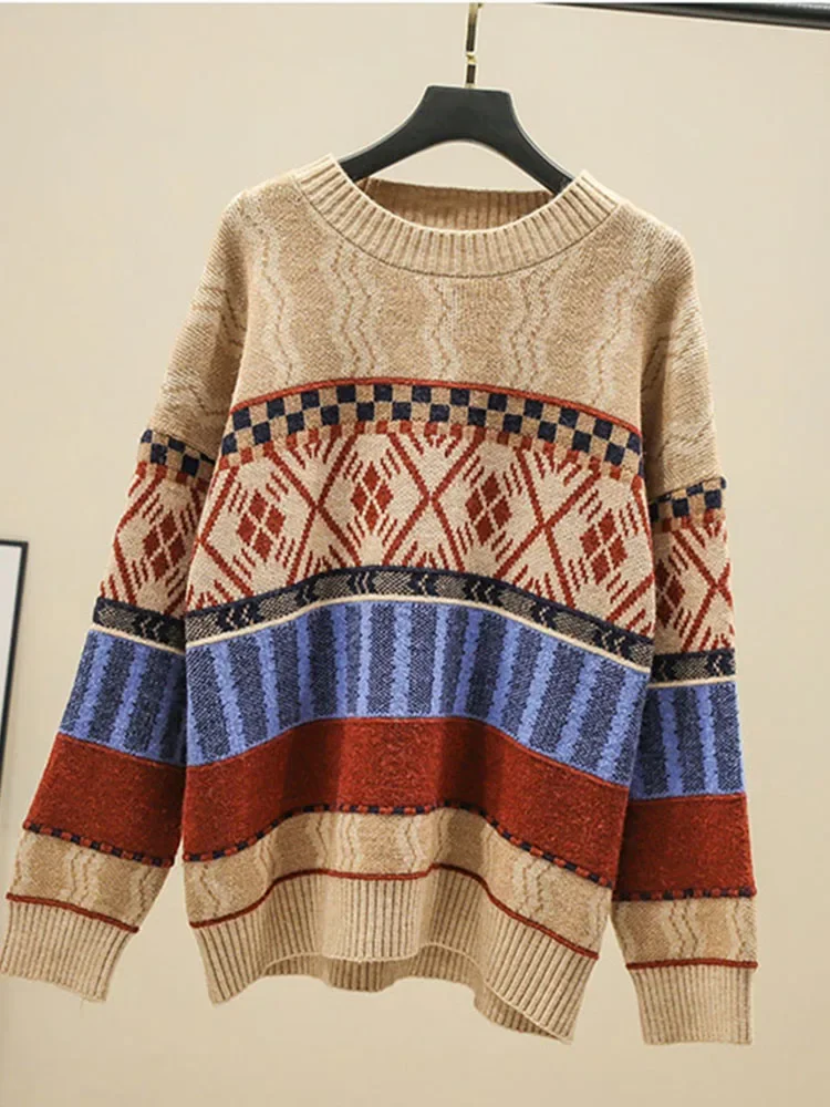 Jesienno-zimowy sweter damski w stylu skandynawskim wokół szyi Retro żakardowy sweter sweter nowe luźne swetry z dzianiny LL298