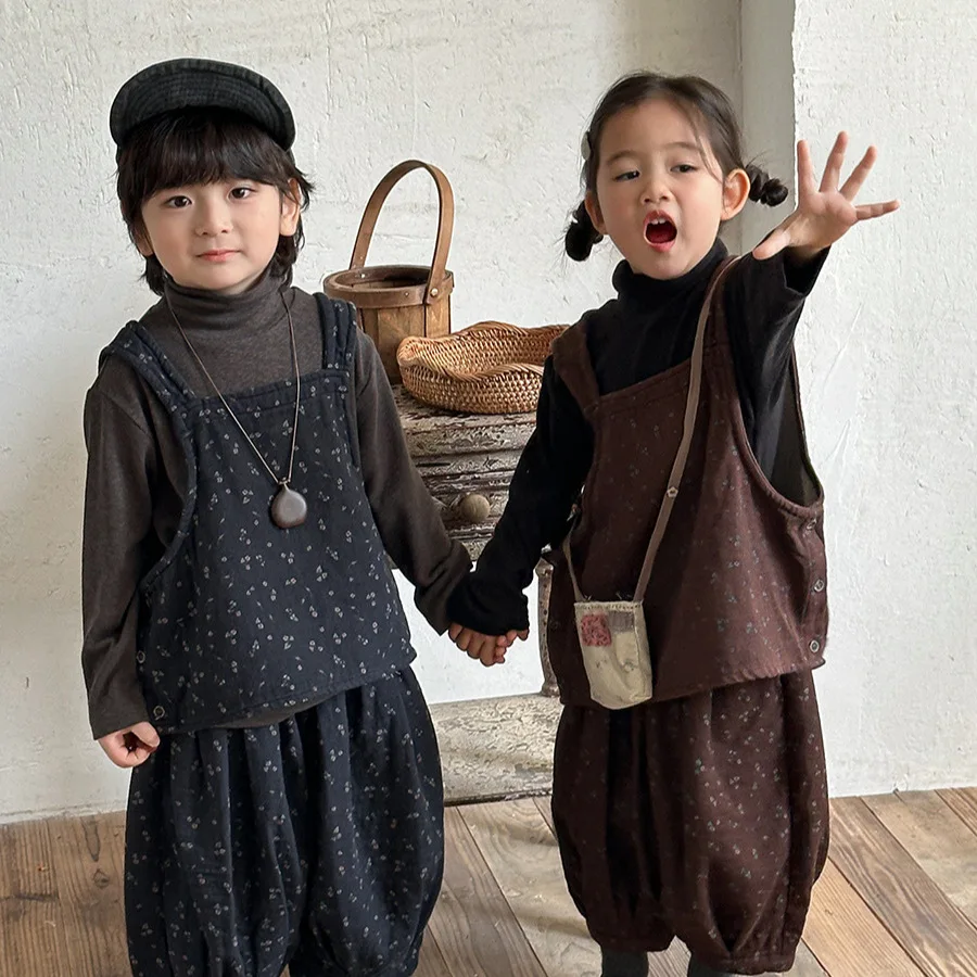 

2025 Kids Autumn New Sets Boys Girls Korean Fashion Casual Daily Floral Print Vest & Boho Bloomers Two-Piece Set