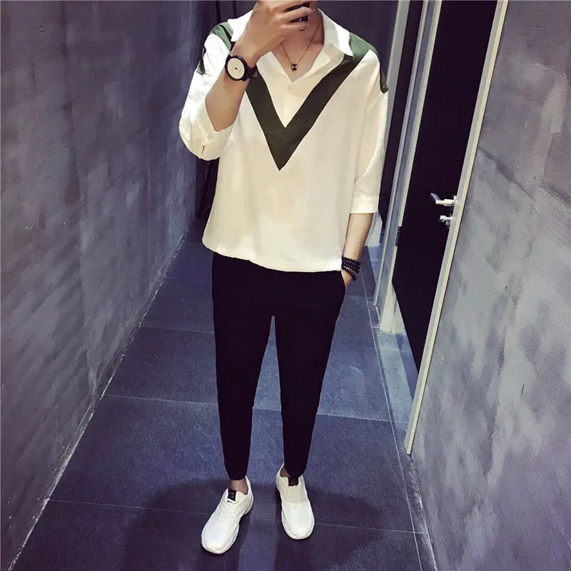 Casual Spring Summer Turn-down Collar Shirts Men's Clothing Geometric Printed Stylish Button Commute Korean 3/4 Sleeve Shirts