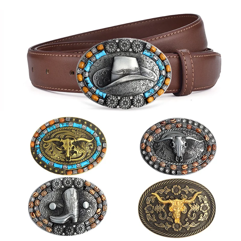 Vintage Belt Adjustable Metal Buckle Fashion Men Punk Western Cowboy Waist Strap Stylish Embossed Waistband Fixed Buckles