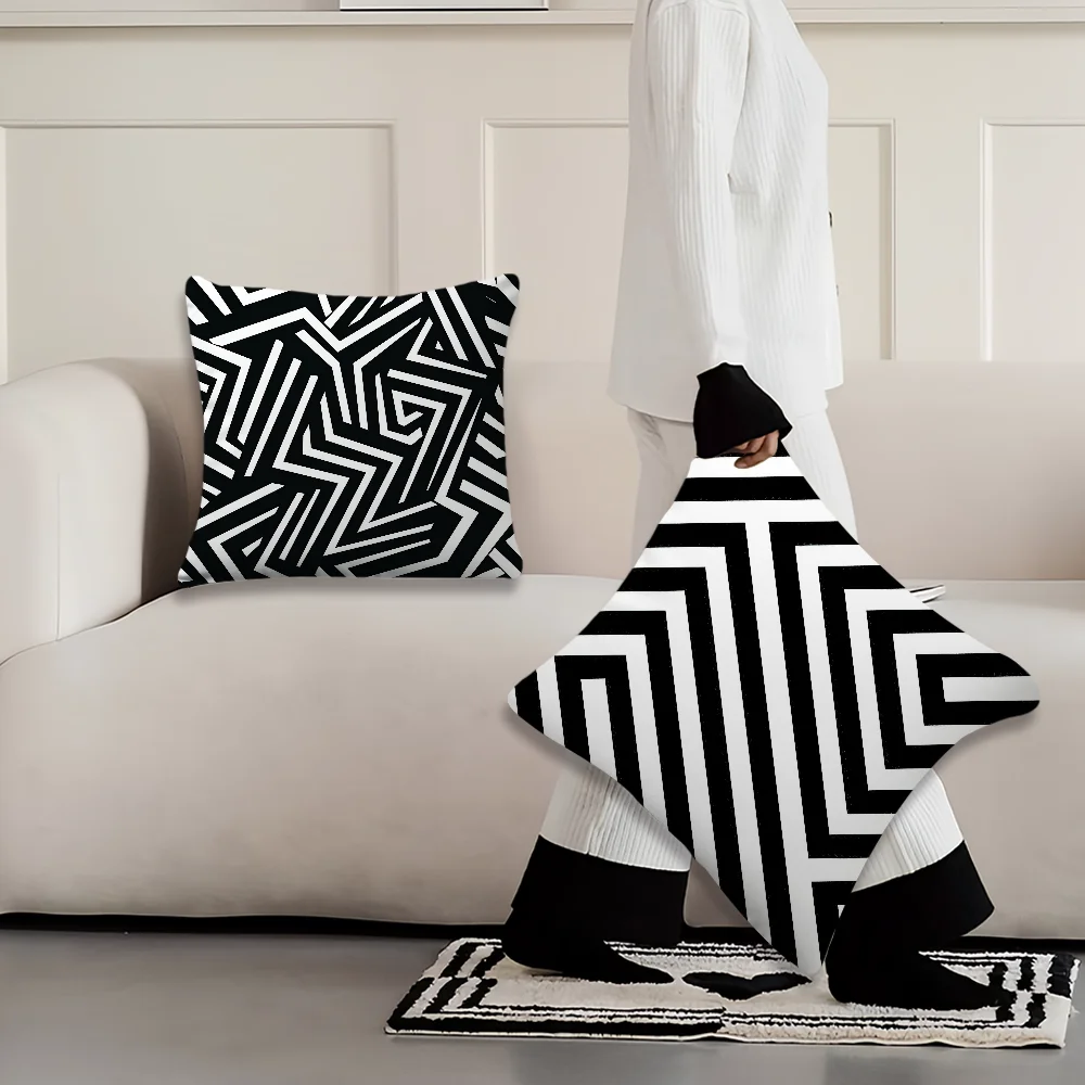 Black and White Geometric Line Star Pillow Case Living Room Accent Couch Back Support Square Lounge Restful Nap Companion ﻿