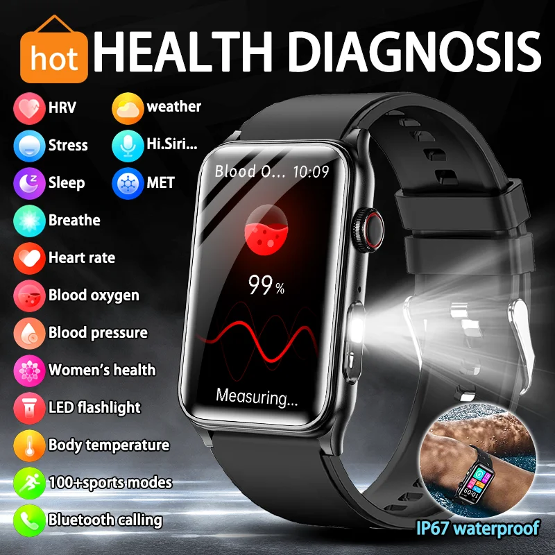 

Новинка 2024 года, умные часы для здоровья, светодиодный фонарик, ЭКГ + HRV, монитор артериального давления, кислорода в крови, температура, Bluetooth, умные часы