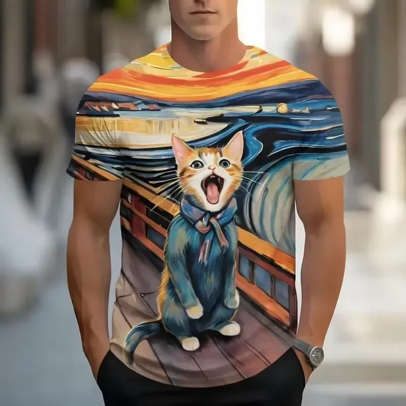 Men's Cartoon Cat 3D Printed T Shirt Short Sleeve Micro Elastic Summer Breathable Crew Neck Casual Fashion Top 2026