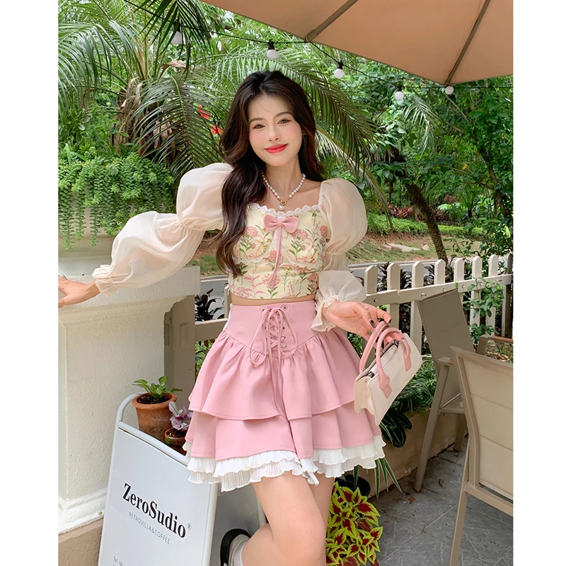 Autumn Pink Kawaii Mini Skrts Women Lace Patchwork Korean Fashion Party Skirt Female Casual Chic Designer Bandage Skirts 2022