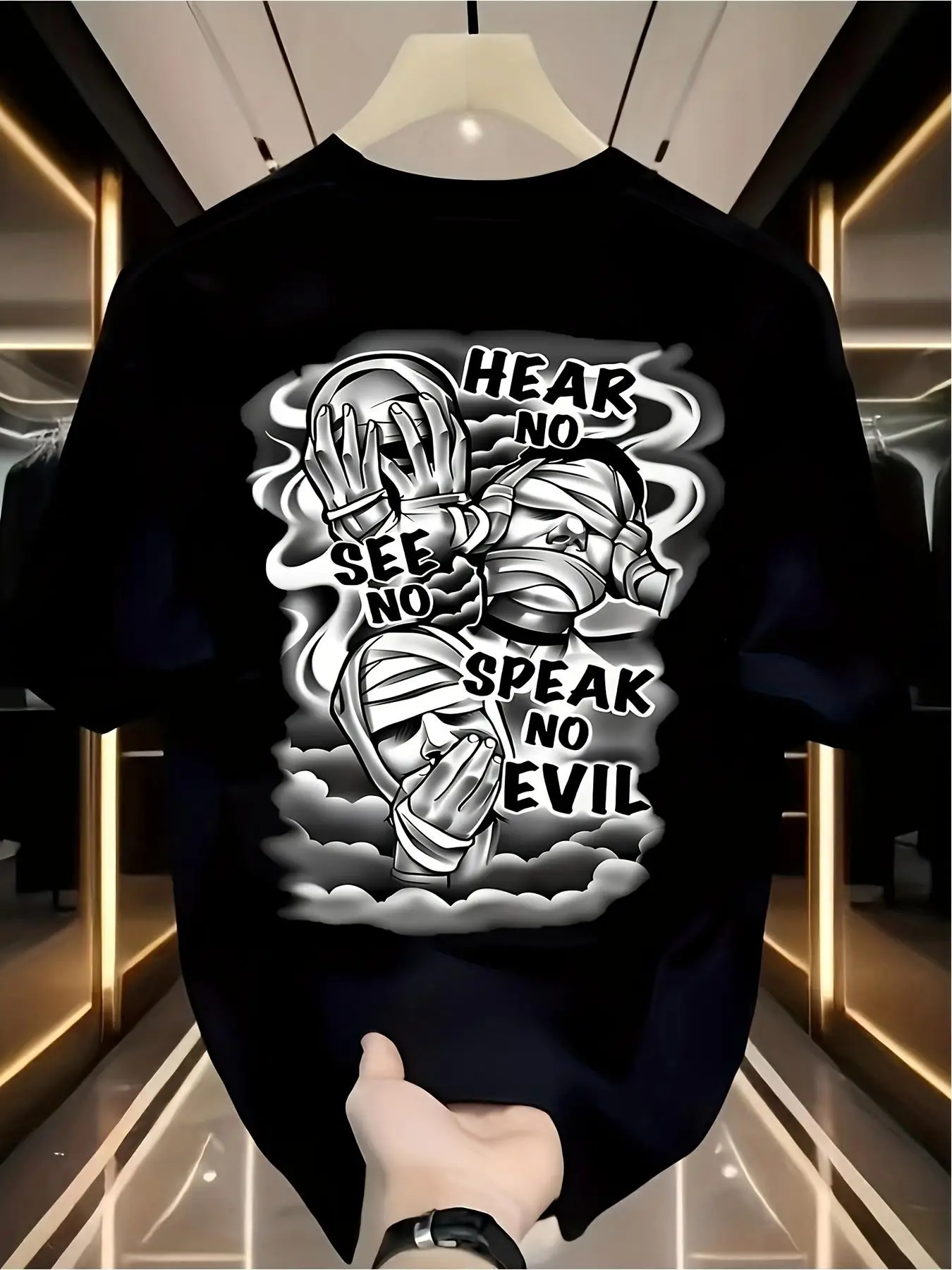 Men's Crew Neck T-shirt, Can't Hear, Can't See, Can't Talk, Dark Illustration Tattoo Style Back Printing Pattern, Short-sleeved Casual Crew Neck Shirt, Micro-elastic Fabric, Comfortable Four-season Top