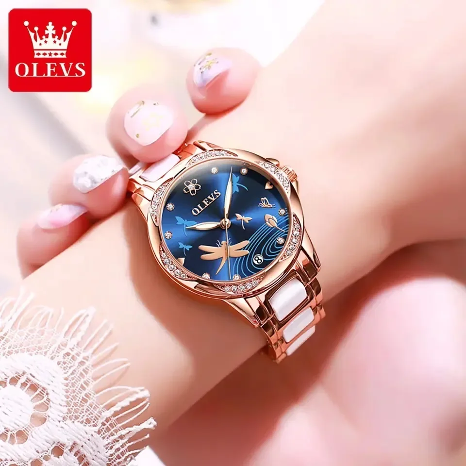 OLEVS-relojes automáticos para mujer, esfera con calendario, correa de cerámica, resistente al agua, luminoso, mecánico, a la moda