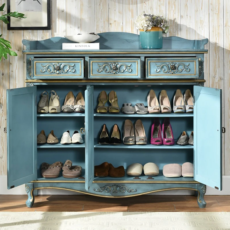 Solid wood retro shoe cabinet Household entrance cabinet Living room storage integrated side cabinet Storage cabinet