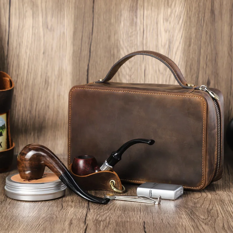 Vintage Crazy Horse Leather Tobacco Pouch Roll Bag Travel Case 2 Pack Storage Organizer view 2