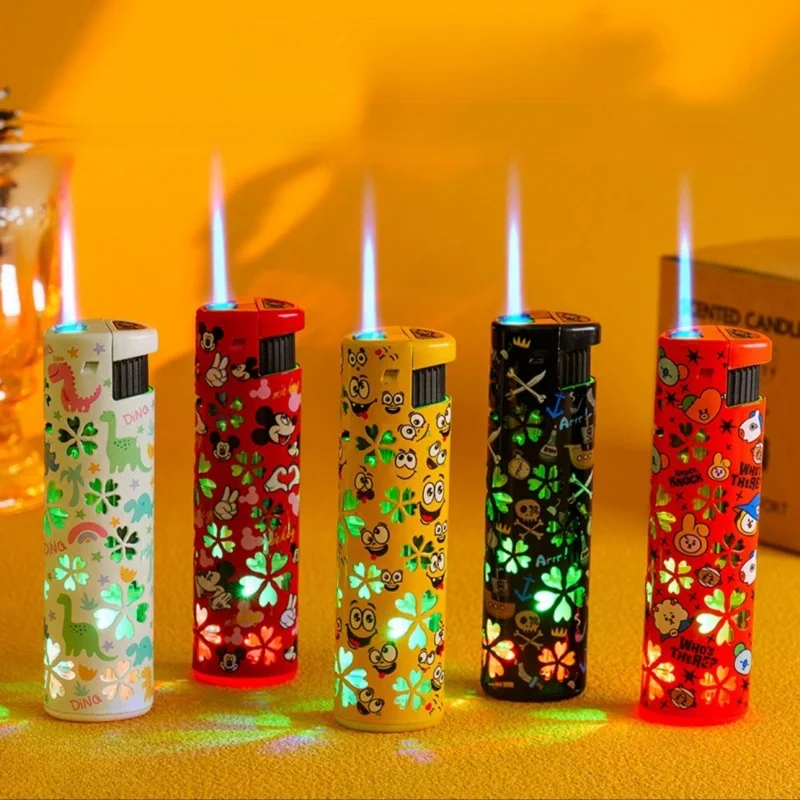 New Windproof Cute Pattern Colorful Light Inflatable Lighter Metal Jet Blue Flame Outdoor Portable Lighter Smoking Gift - Image 2