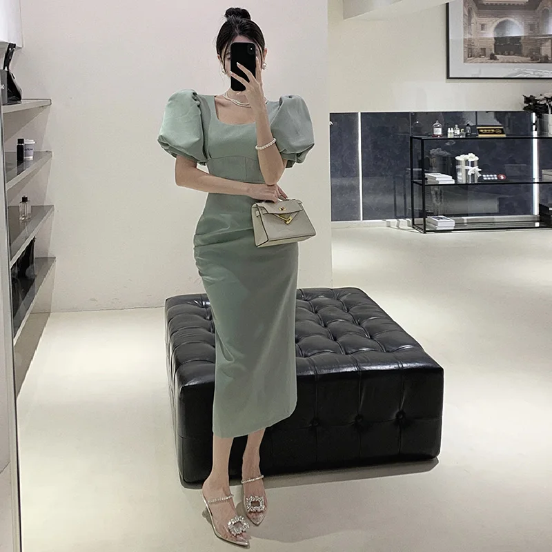 New High Quality Green Evening Party Dress Fashion Summer Women Chic Lantern Sleeve Square Collar Bodycon Split Long Prom Dress