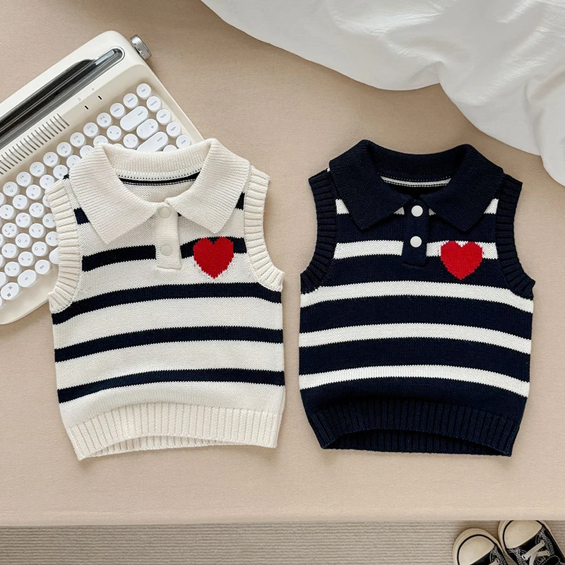 

2025 New Autumn 0-3Yrs Children Clothes Toddler Baby Boys Girls Knitting Vest Sleeveless Stripe Infant Baby Pullover Sweater