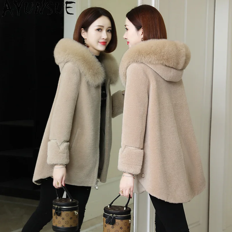 AYUNSUE 100% laine manteau 2025 vestes d'hiver pour femmes mouton cisaillement manteaux femme Composite fourrure intégré chaud col de fourrure de renard