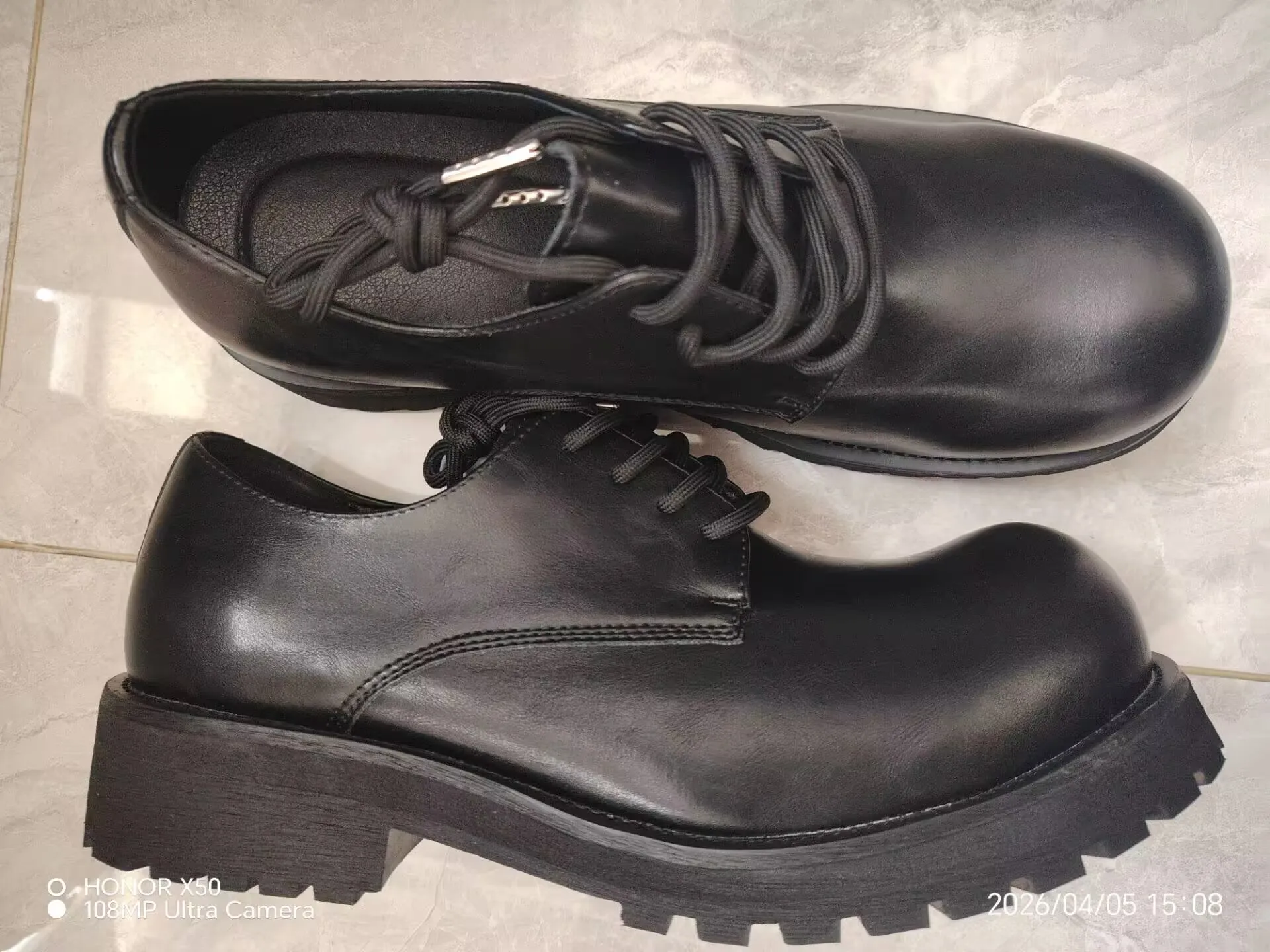 2025 New Men\'s Thick-soled Heightening Black Lace-up Round Head Horse Leather Made Old Derby Shoes