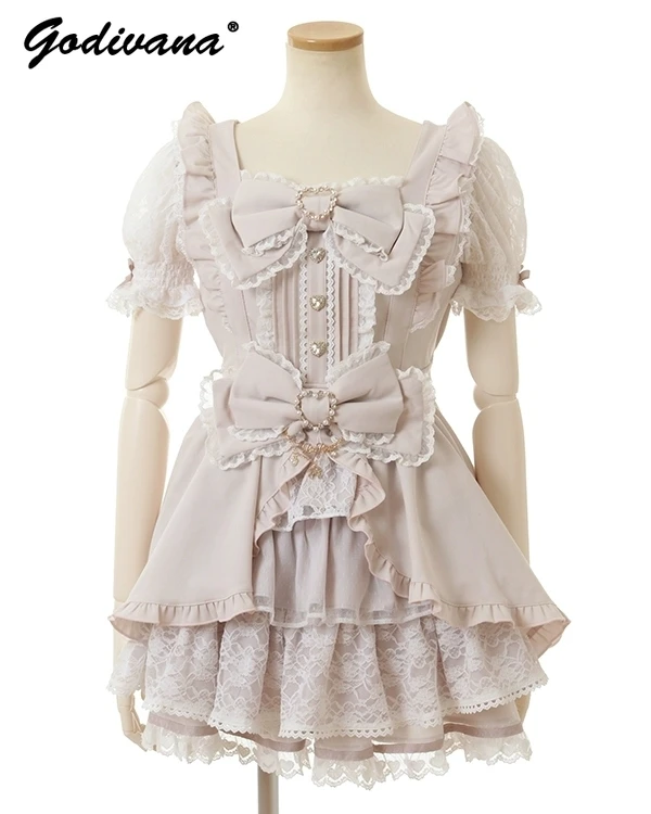 New Japanese Style Lolita Princess Dress Set Spring Summer Big Bow Spring Summer Short Sleeve Slim Sweet Dress and Shorts Set