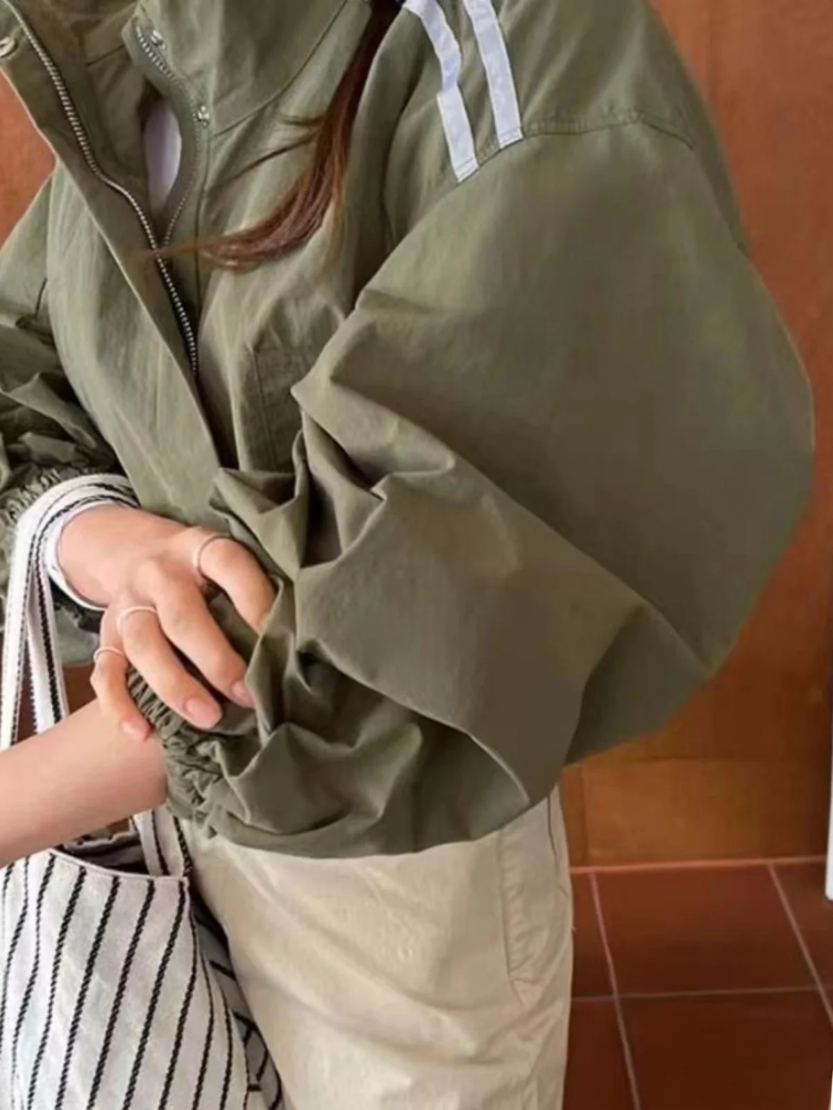 

Double Bar Jaet Outerwear Women's Vintage Stand Collar Loose Slimming Zipper ort Sle Versatile Long Sve Windbreaker