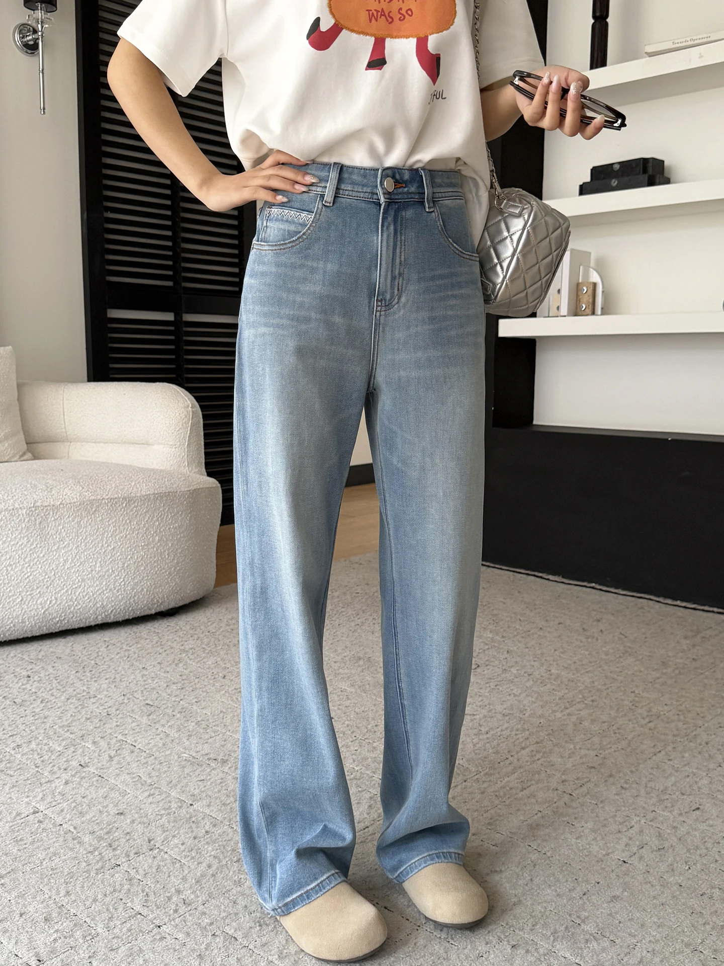 

Женские джинсы с высокой талией и широкими штанинами, прямые, удлиненные, из мягкого хлопкового денима, эластичные в четырех направлениях, светлые, весенние