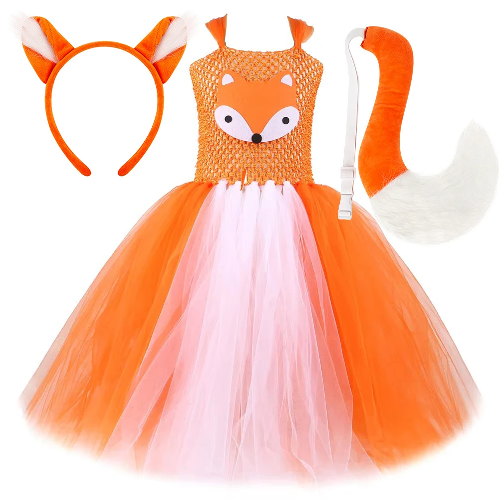 White Orange Fox Long Tutu Dress for Girls Animal Carnival Full Length Costumes Kids Halloween Dress Up Outfits with Ears Tail