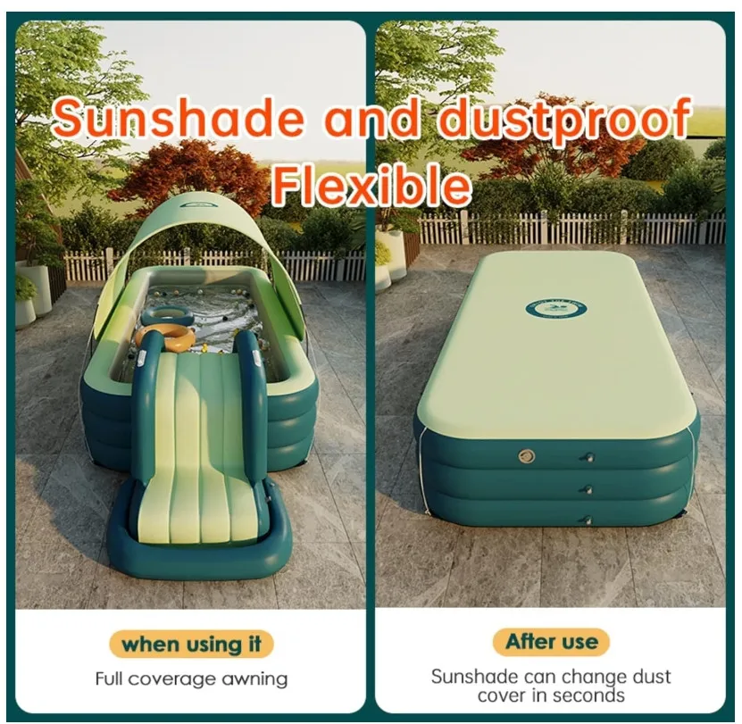 

Надувной бассейн 118.11x118.11x9.06 футов (356x356x23 см) с горкой, навесом и защитным чехлом от пыли для детей и всей семьи