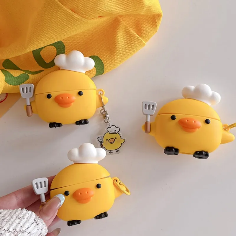 3D Cute Chef Yellow Duck Case with Matching Charm Keychain Soft Silicone Shockproof Cover for AirPods 4 Pro 2 Pro 3