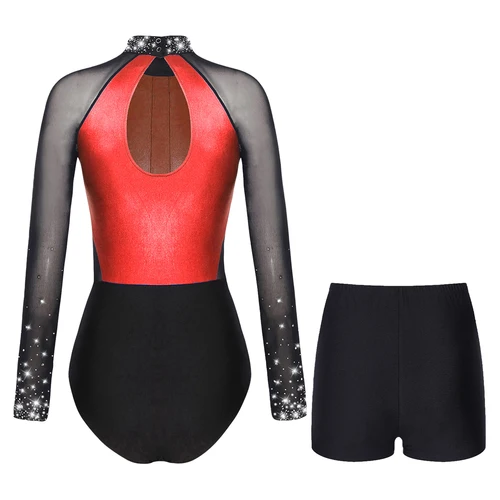 Imagen 2 del producto Leotardo de gimnasia con diamantes de imitación brillantes para mujer, traje de baile de Ballet, mono de manga larga de malla transparente y pantalones cortos, conjunto para patinaje artístico