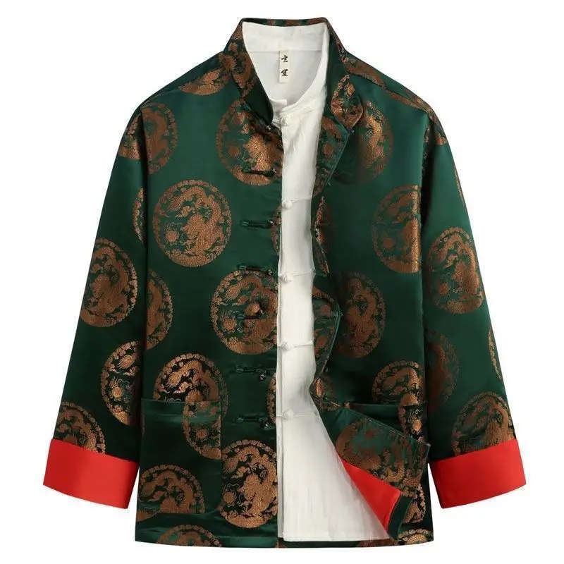 Spring Men's Tang Suit Jacket Floral Print Handmade Improved Button up Cotton Long Sleeve Casual Youth Floral Patterned