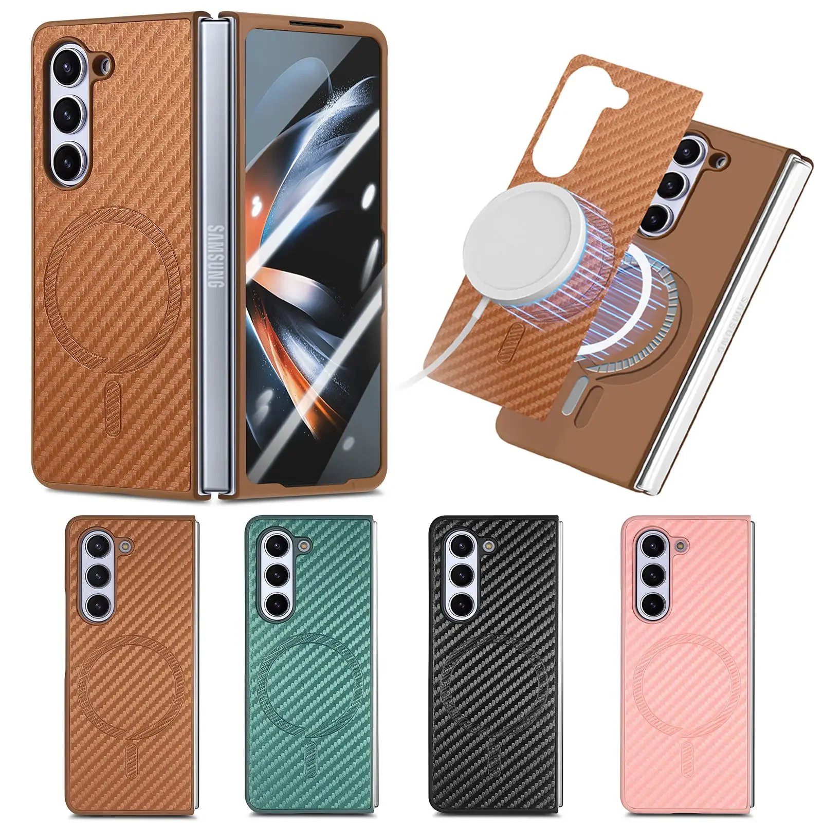 Carbon Fibre Magnetic Tempred Film Glass Case For Samsung Galaxy Z Fold 6 5 4 5G Fold6 Wireless Charging Full Inclusive Cover