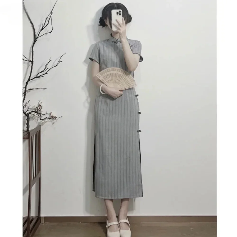 

New Improved Retro Daily Wear Traditional Chinese Clothes for Women Qipao Cheongsam Striped Chinese Summer