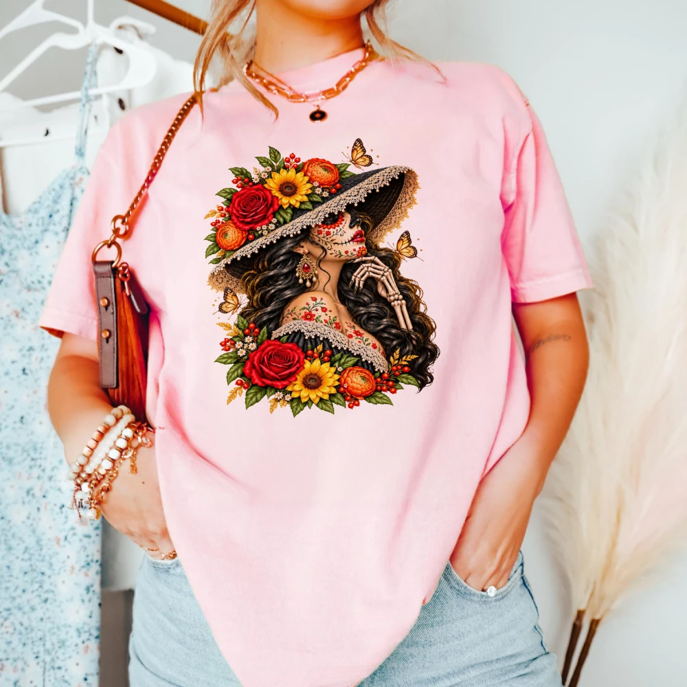 Dia De Los Muertos Shirt Day of the Dead Woman Cotton Tops Floral Skull Lady Tee Retro Mexican Folk Art Skeleton Graphic T Shirt