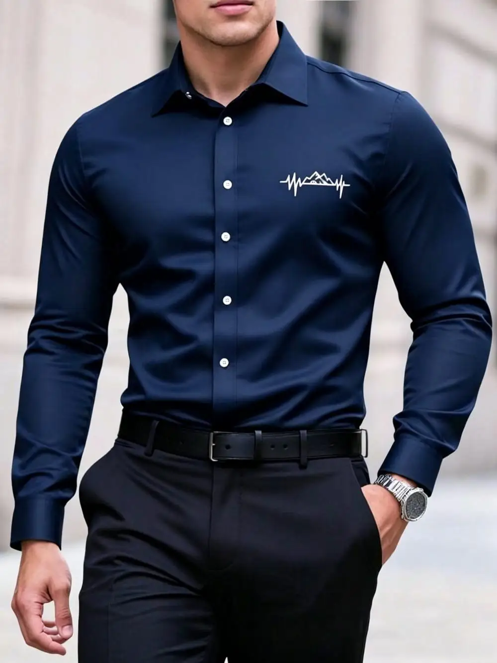 Men's Mountain Print Single Button Casual Commuter Long Sleeve Shirt, Men's Formal Shirt, Business Shirt, Slim Fit Men's Shirt