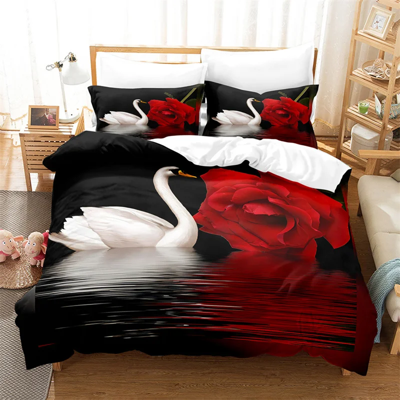 Swan Rose Queen Bedding Set Duvet Cover Set Bedding Digital Printing Bed Linen King Size Duvet Cover Set Bedding Set