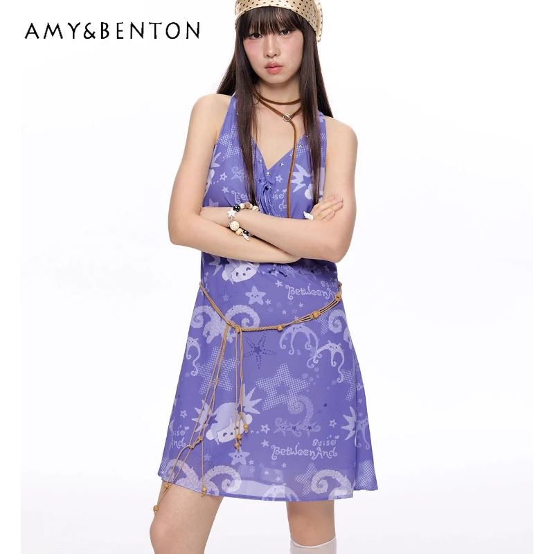 

New Design Full Cartoon Print Star V-Neck Women's Dress Original 2025 Summer Waist-Cinching Sleeveless Purple Dresses Ladies