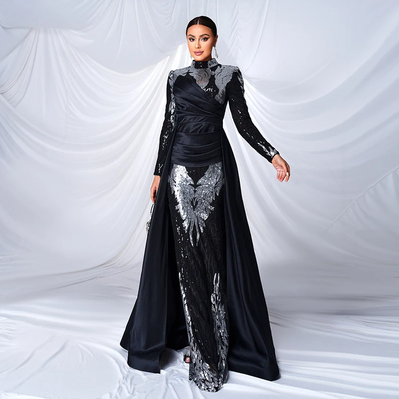 Women Performance dress Long Sleeve O Neck Black Silver Sequins Ball Gown Cocktail Prom Formal Occasion Dresses