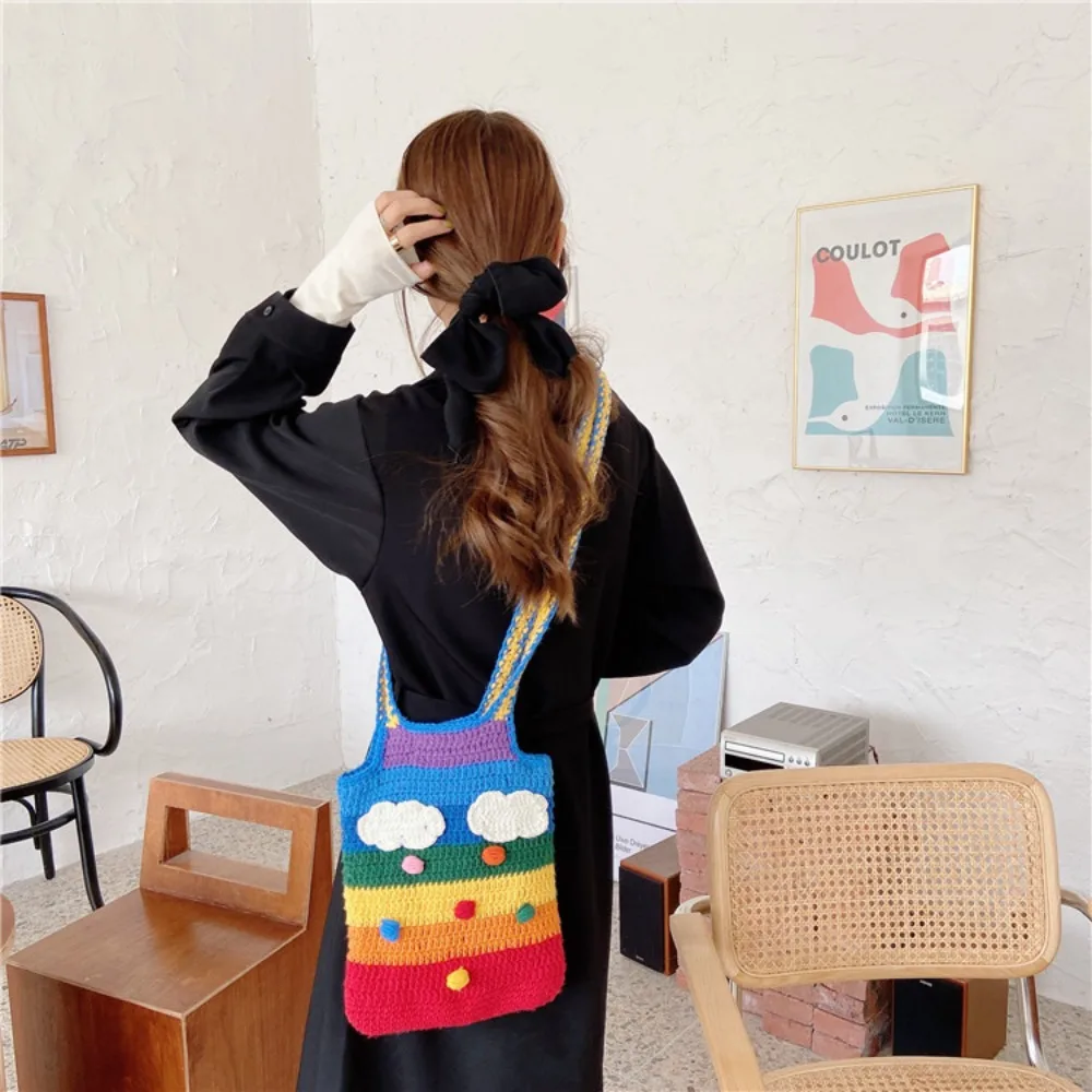 Bolso de mano hecho a mano de gran capacidad para mujer, bolsos de hombro informales de punto, monedero de colores del Arcoíris, bolso de muñeca para exteriores