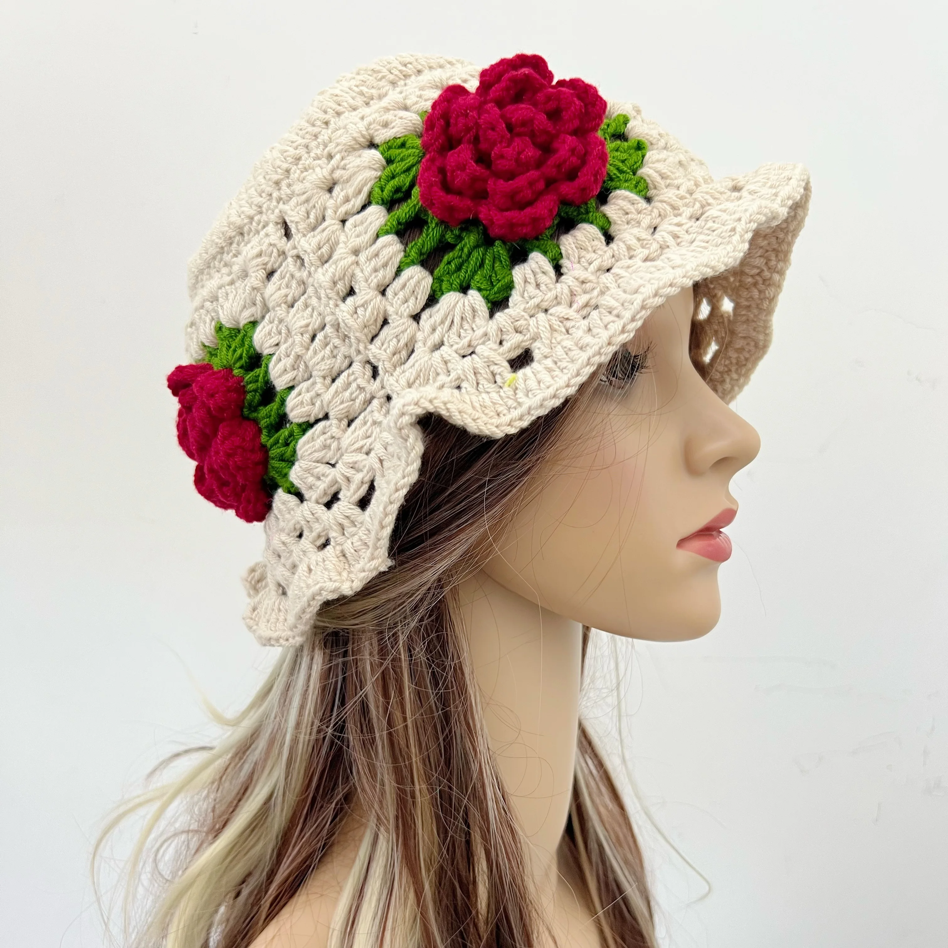 Dreidimensionale Rose Flower Damen Fischerhut Herbst und Winter handgemachte gestrickte Retro Blumen Eimer Hut