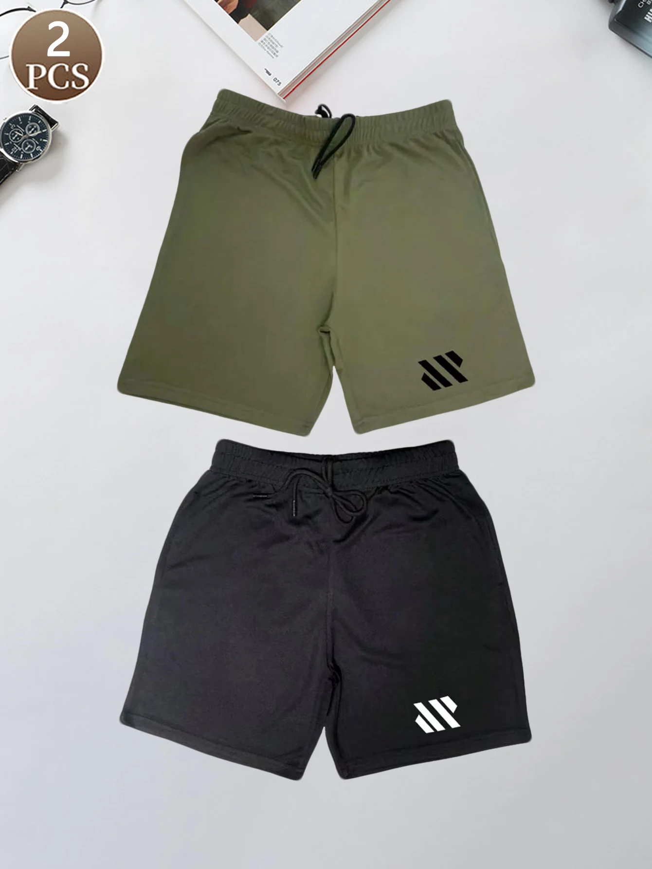 

2PCS Solid color casual sports men's High waist comfortable loose breathable quick drying simple flat pants beach pants