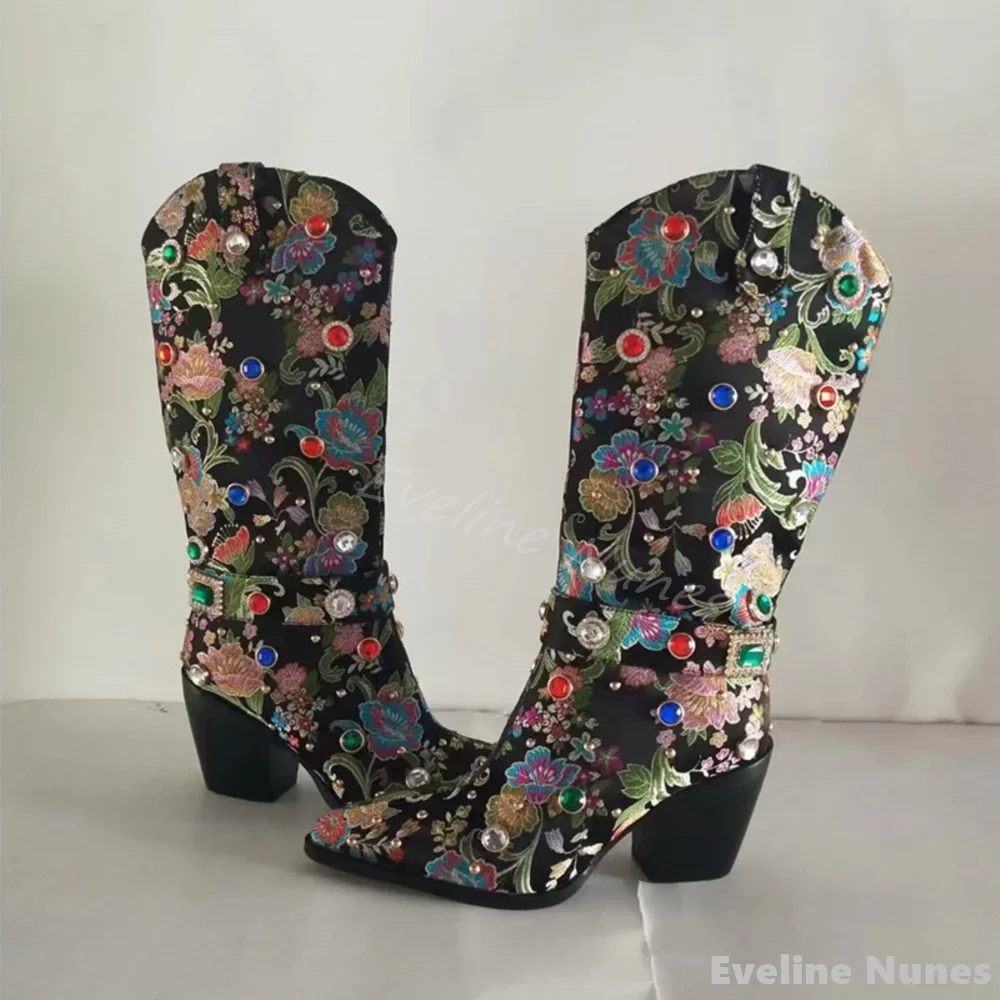 Fashion Embroidered Rhinestone Catwalk Ankle Boots Women Pointed Toe Chunky Heel Side Zipper Mid Calf Boots New Fashion Boots