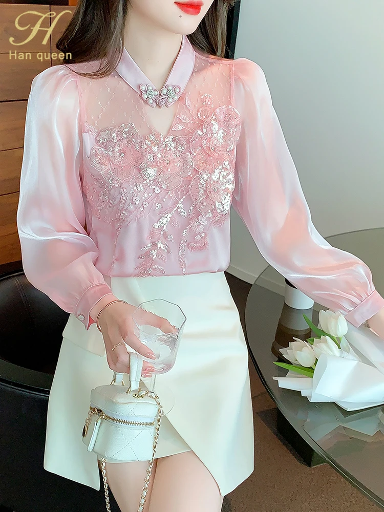 H Han Queen Simple Autumn Blusas Elegant Bead Embroidery Blouses Womens Korean Loose Casual Vintage Shirts OL Office Work Tops