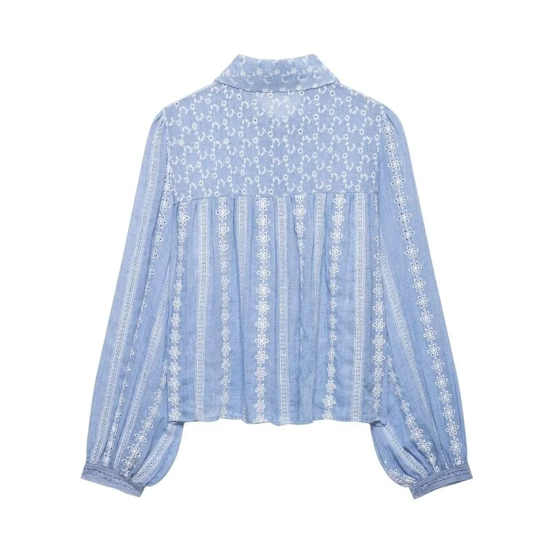 2026 New Women Light Blue Embroidery Hollow Out Blouse Lapel Long Puff Sleeve Floral Pattern Shirt Casual Daily Wear Top