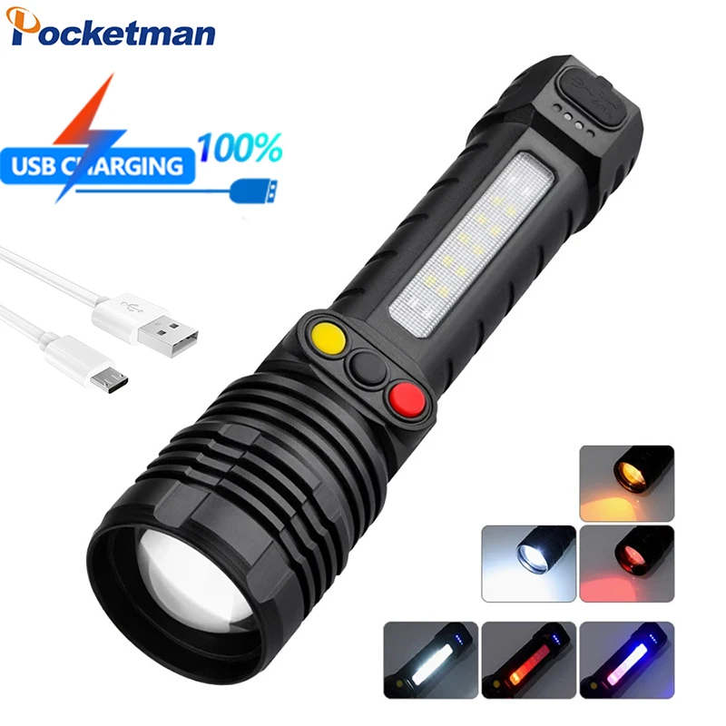

High Power LED Flashlight Zoomable Torch USB Rechargeable Flashlights Long Range Emergency Work Light for Camping Hunting