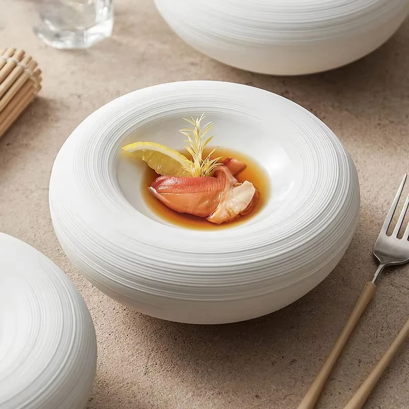 

Белая двухслойная изоляционная тарелка, сервировочная тарелка, керамическая круглая толстая тарелка для супа, блюдо для закусок, блюдо для лосося, посуда для ресторана