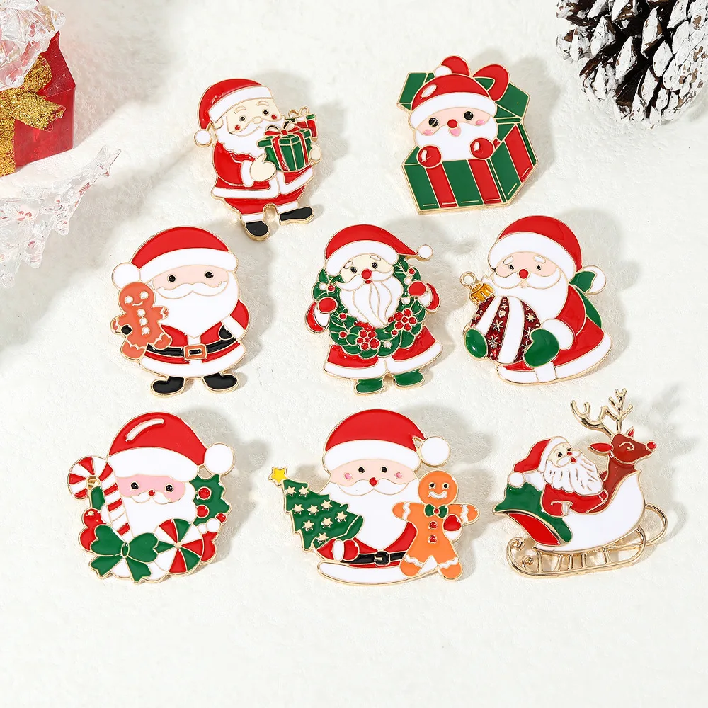Cartoon Santa Claus and Gifts Christmas Tree Crutch Pins Metel Badges Brooch for Women Backpack Jewelry Accessory Xmas Gift