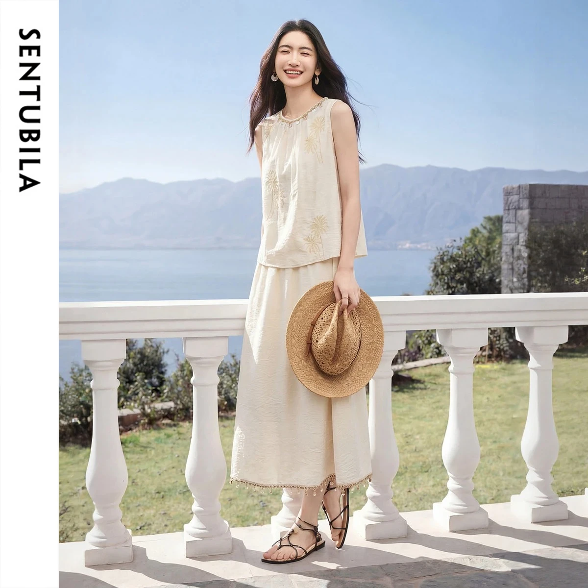 

SENTUBILA Women's 2 Piece Set O-Neck Embroidery Sleeveless Top A-Line Skirt Elegant Shell Lace Ribbon Summer Suit 162ZK4730