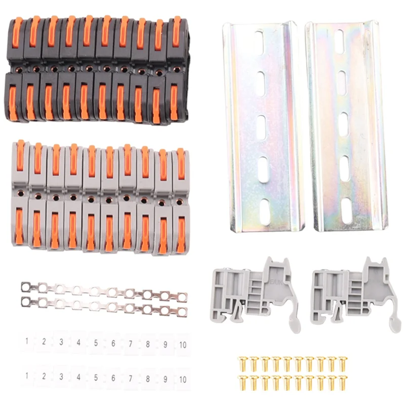 

2025 Hot Style 60X DIN Rail Terminal Blocks Kit, With Universal Compact Connectors, Connection Bar, Marker Strip, Screws, 28-12