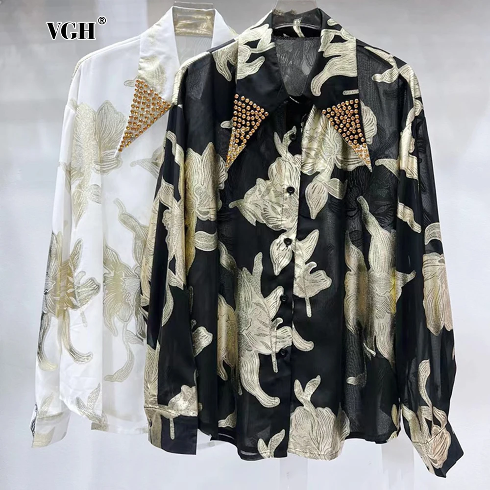 

VGH Vintage Floral Prinring Shirts For Women Lapel Long Sleeve Patchwork Single Breasted Casual Blouses Female Clothes New Style