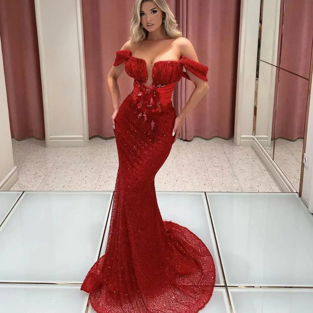 red prom dresses 2024 off the shoulder mermaid lace sparkly shinning long court train evening dresses gowns vestidos