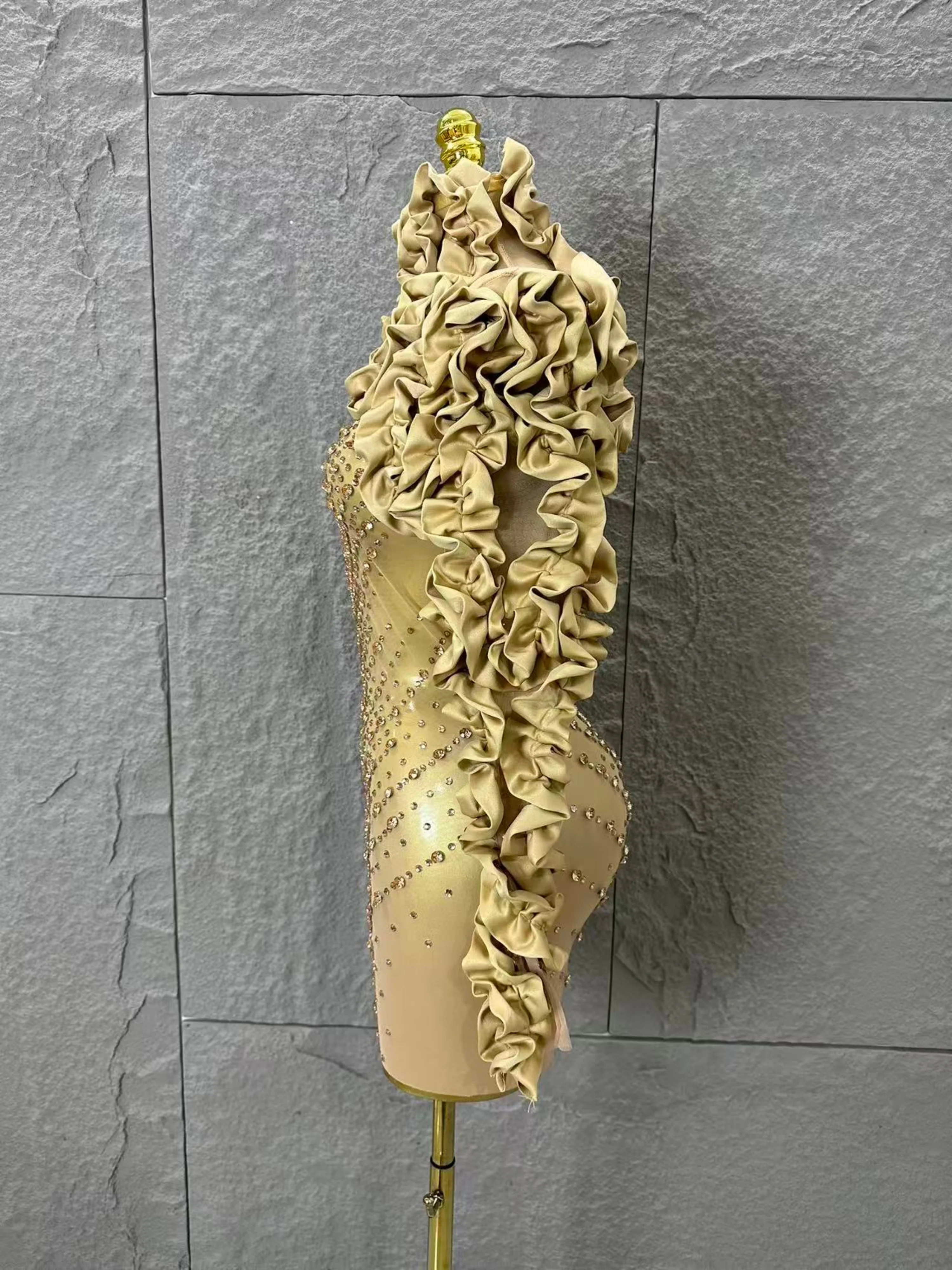 

Luxurious Champagne Crystal-Embellished Long-Sleeve Ruffled Sheer Mini Dress Sexy Performance Costume Singer Stage Nightclub